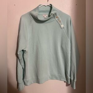 J. CREW Classic Wide Button Mock Neck Fleece Sweatshirt Teal Women's Size L GUC
